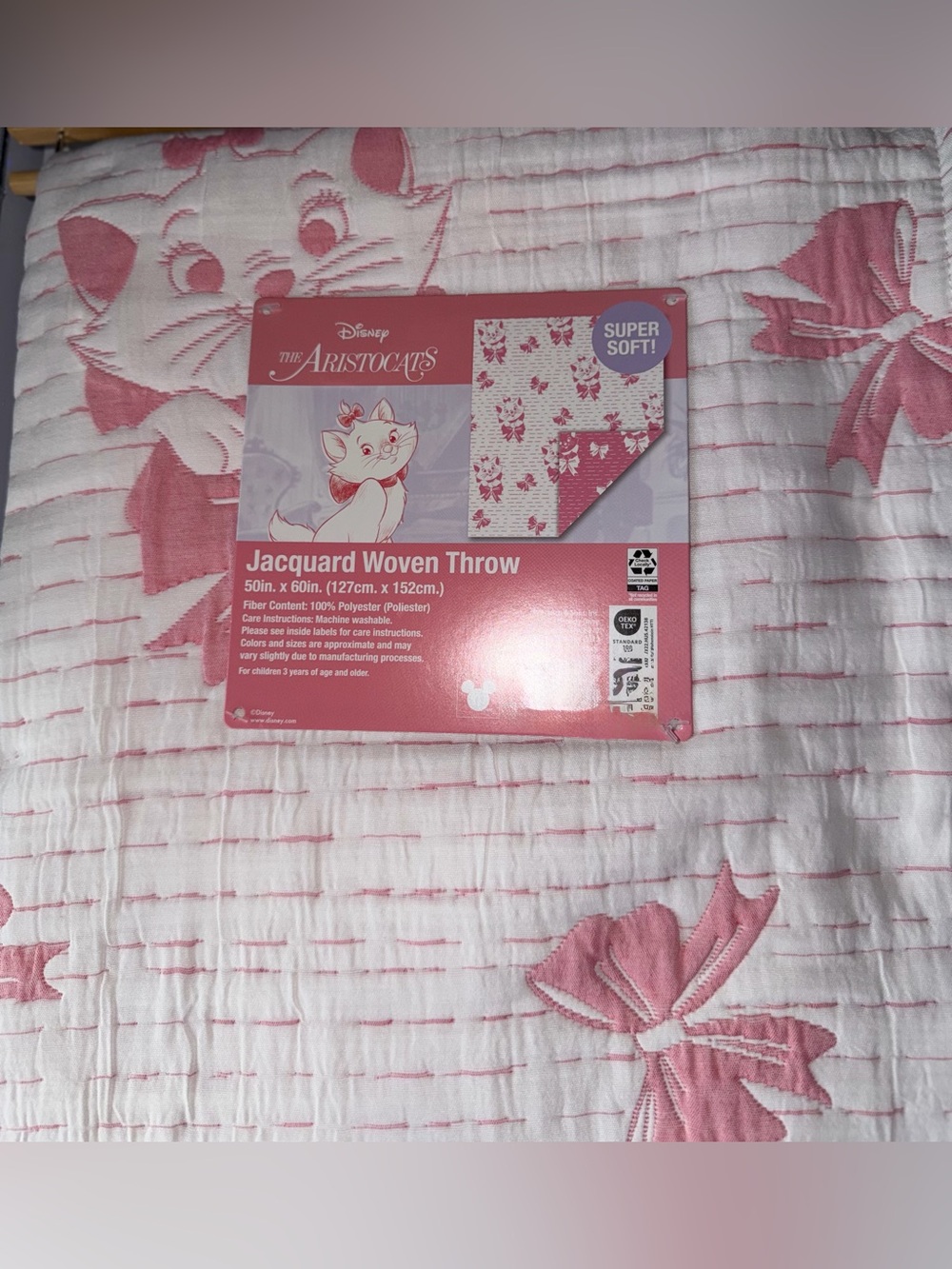 DISNEY ARISTOCATS MOVIE MARIE KITTY CAT PINK BOW JACQUARD WOVEN THROW BLANKET - Picture 8 of 11